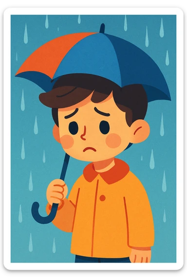 a sad boy with an umbrella in the rain, gentle illustration style, soft shading, calm mood sticker