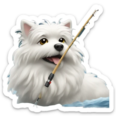 A white medium-fluffy small dog fishing at a lake sticker