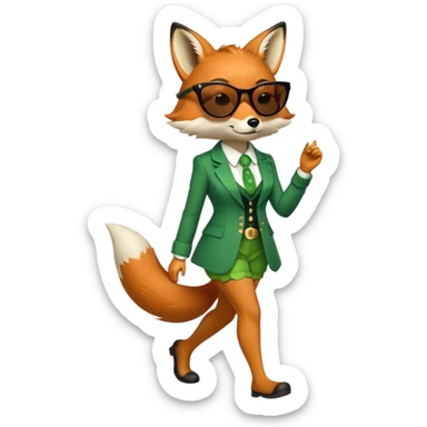 serious anthropomorphised female fox in stylish St. Patrick's Day outfit with sunglasses, walking with confidence, full-body view sticker