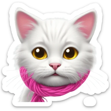 Realistic white cat playing with pink yarn sticker