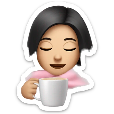 white girl with black straight hair inside a pink blanket sipping coffee eyes closed sticker