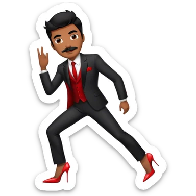 Man in a black suit suit and red strappy high heels with black hair and black mustache and brown skin sticker