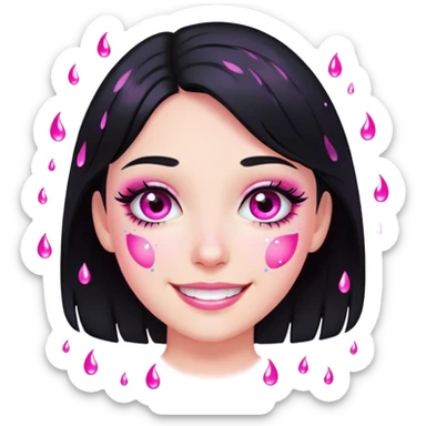 smiling girl with black hair, pink glitter tears, no heart eyes sticker