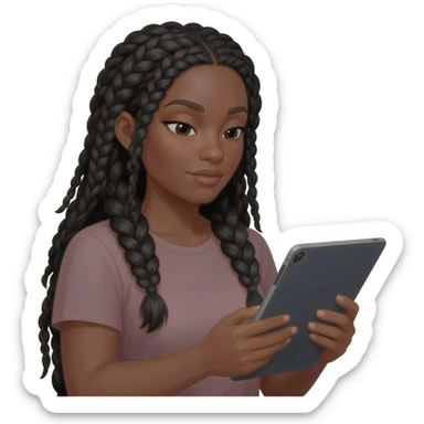 Emoji représentant une femme à la peau marron avec de longues braids noires regardant la tablette graphique dans ses mains sticker