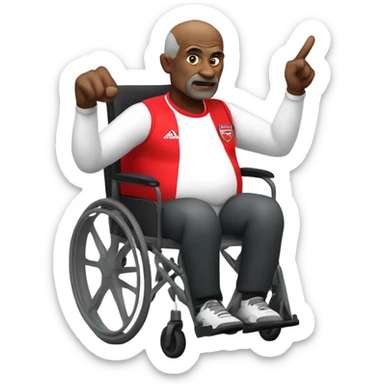 old black bald man with a round belly in wheelchair. angry face. grey stubble. he is pointing finger in front. wearing Arsenal soccer shirt. word bubble sticker