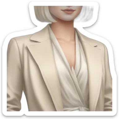 pale skin woman with ash blonde Straightened bob Hair, White Spacious classical jacket, beige palazzo Arrow pants and gray blouse holding white IPhone 15 pro in the hands sticker