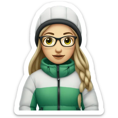 Green-eyed, slightly overweight female skier with long straight hair, glasses, light grey snow jacket, long black pants, black only snow boots, wearing black skis standing tall. sticker