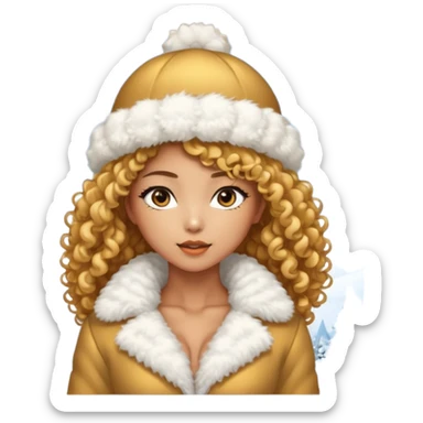 sexy and muscled tanned asian girl, golder curly hair, in winter fluffy white and gold dress-suit, in winter fluffy hat, winter snow and ice around sticker