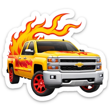 Bright yellow Chevrolet Silverado with professionally airbrushed red flame artwork with orange highlights, custom paint job like in Kill Bill, 30-degree angle showing detailed flames, iOS emoji style sticker