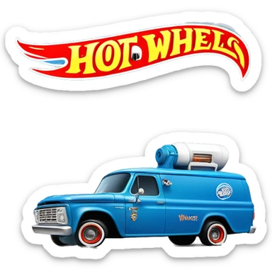 Side-on shot, Hot wheels, Hot rod, large panel van truck,1964 with exposed chrome exhaust pipes, blue, large wheels in back, logo “Stinky’s Diaper Cleaner” sticker
