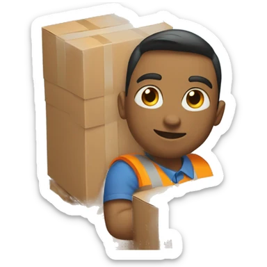 a mover in orange vest blue shirt with a trolley loaded with 3 small packed boxes, right angle sticker