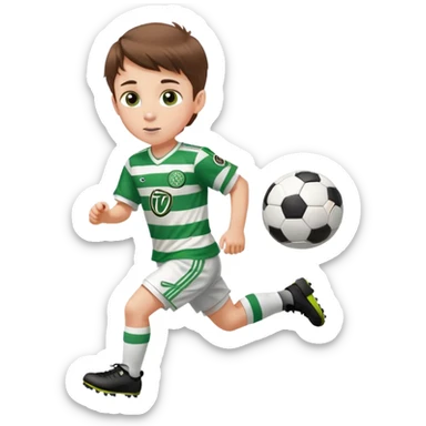 Celtic footballer jersey logo  6 years old brown hair white boy , brown eyes , stripes uniform , RUNNING  with soccer ball # 17 celtic football logo PUT ONLY ONE LOGO ONE CELTIC LOGO ONLY white shorts sticker