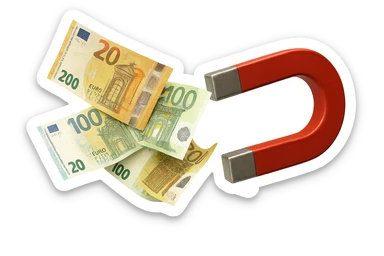 banconote di euro fluttuano vicino ad una calamita rossa, sono attratte, iperrealistico 4k sticker