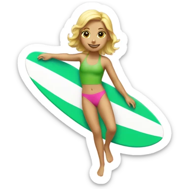 Blonde girl surfing with a green and pink swimsuit sticker