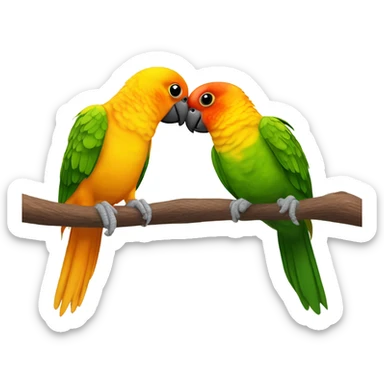 Sun conure and white bellied caique hugging   sticker