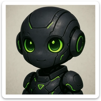 humanoid AI robot headshot, cute, small, color scheme charcoal, black, neon green, gray, digital art style sticker