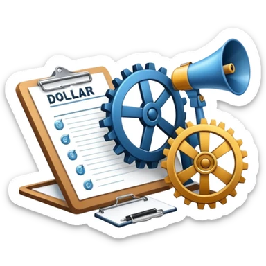 An icon featuring a pie chart, a clipboard, and a megaphone, symbolizing management and marketing. The design includes gears representing strategy and a dollar sign to highlight business growth. Transparent background emphasizes the dynamic world of business leadership and promotion. sticker