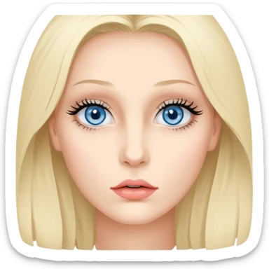 Bonnie Blue Porträt einer jungen Frau mit ovalem Gesicht, großen hellblauen Augen, langen Wimpern und geschwungenen Augenbrauen. Gerade, feine Nase und volle Lippen mit sichtbarem Lächeln. Glatte, leicht gebräunte Haut mit natürlichem Glow. Schulterlanges, blondes Haar mit Locken und Mittelscheitel sticker