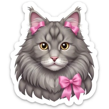 A grey Maine coon Neck Wearing a pink silk ribbon sticker