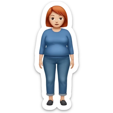 Lazy old Short woman with straight short red hair and fat tummy..wears business casual loose jeans and full sleeve  tshirt. Not smart looking ill fitting clothes sticker