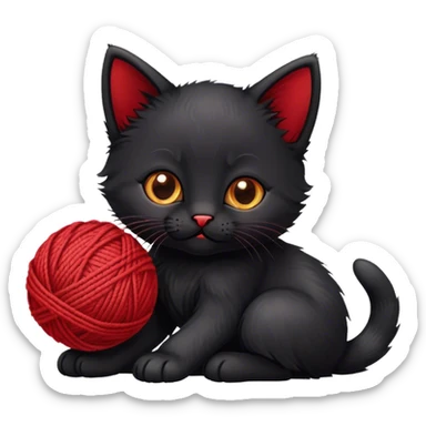 Black kitten playing with a ball of red yarn sticker
