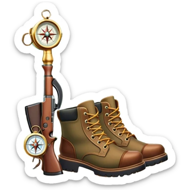 emoji for Hunting Tourism: a hunting rifle, hunting boots and a compass on a forest background, with a silhouette of wildlife in the distance. The icon should capture the adventure and connection with nature in hunting tourism. Transparent background. sticker