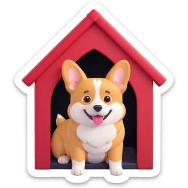 red dog house with a Corgi dog inside, Corgi sitting at the entrance, semi-realistic with emoji-style eyes and expression sticker