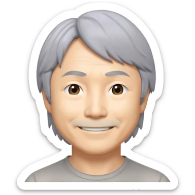 ​Cinematic Realistic Portrait of a Smiling Shigeru Miyamoto, depicted with warm, approachable features, gentle grey-tinted hair, and kind, expressive eyes, set against a subtle backdrop hinting at iconic video game imagery, rendered with lifelike textures and soft, inviting lighting that captures his innovative spirit, sticker
