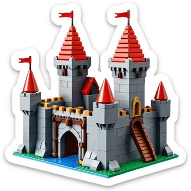A photorealistic icon featuring a large medieval castle built from LEGO bricks, with detailed textures of the bricks, turrets, and drawbridge. The design captures the creativity and intricacy of LEGO construction with vibrant colors and realistic lighting. Transparent background sticker