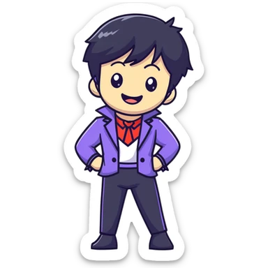 K-pop male idol with black hair, big smile, wearing stylish stage performance costume sticker