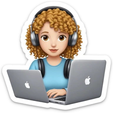 curly hair girl with headphones and a laptop sticker