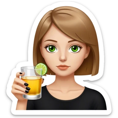 green eyes light brown hair white girl with short bob no bangs with a shot of tequila wearing black sticker