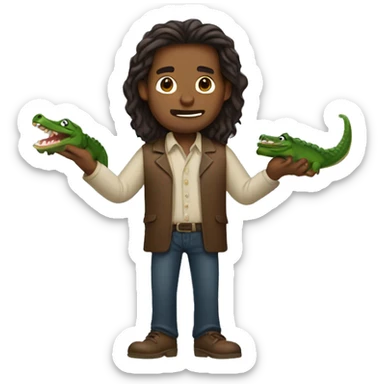 Long hair brown man holding alligator  sticker