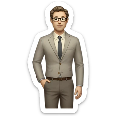 Full height Gesticulating Pale skinned fit man with dark brown hair in gray jacket, beige office shirt, brown tie, brown pants and vintage glasses. sticker