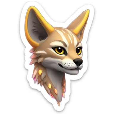 Coyote ocelot with grey and black fur and phoenix wings on back and pink ears half skeleton, neon lights sticker