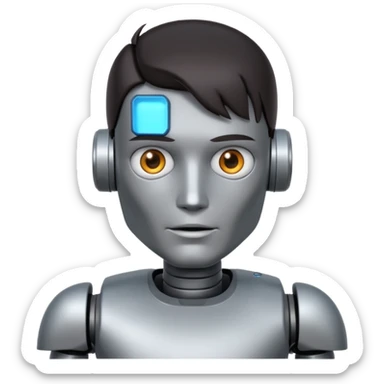male robot with dark hair color and metalic face sticker