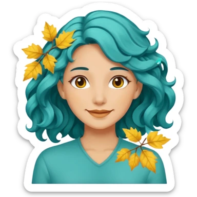 A woman with wavy teal hair decorated with yellow leaves, looking forward with a gentle smile. sticker