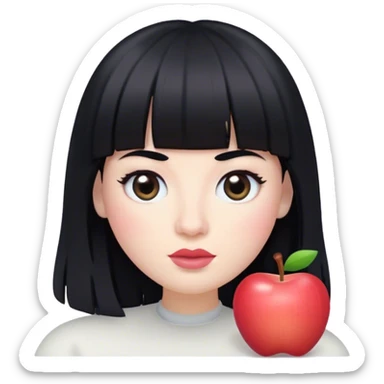 Cabelos longos  com franja na sombancelha e pretos , olhos bem pouco caidos e pretos , pele branca como a neve,  , bastante cilios e boca rosada claro estilo memoji da apple sticker