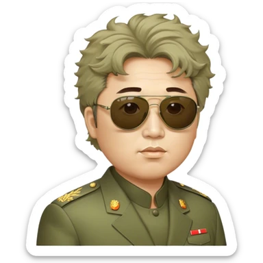 Messy haired Kim Jung Il wearing olive mao suit and large sunglasses sticker