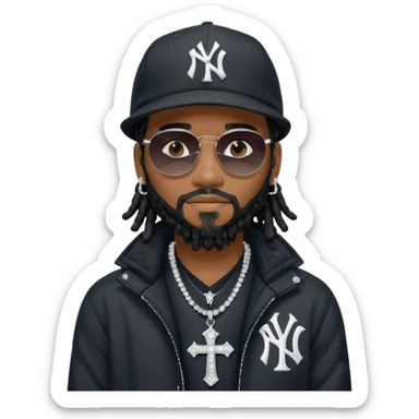 African American man with shoulder length black dreadlocks with black beard wearing black sunglasses wearing a New York Yankees logo baseball cap wearing a black bubble winter coat wearing diamond earrings for men with diamond cross necklace on his neck sticker