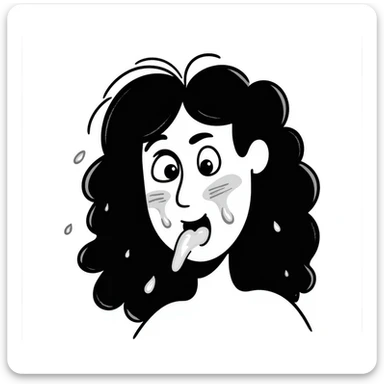 shocked woman with long messy curly black hair, thick goopy white liquid on cheeks, lips, tongue, tongue out, eyes wide open, gunk dripping and matting hair sticker