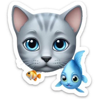 blue eyes grey kitten and fish sticker