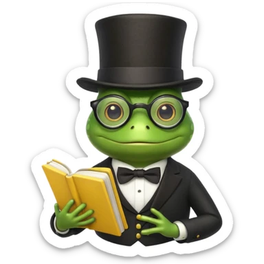 frog wearing top hat with glasses and yellow book sticker