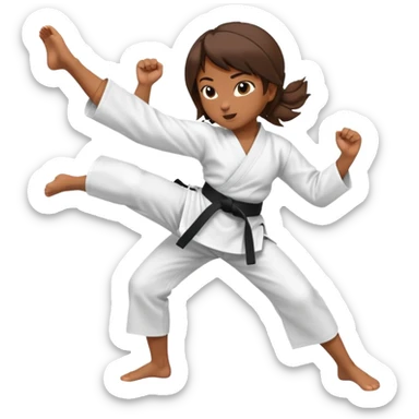 Ragazza castana che pratica karate, ha la cintura nera ed io tradizionale kimono bianco del karate, tira un calcio laterale oppure un pugno oppure è in posizione di guardia sticker