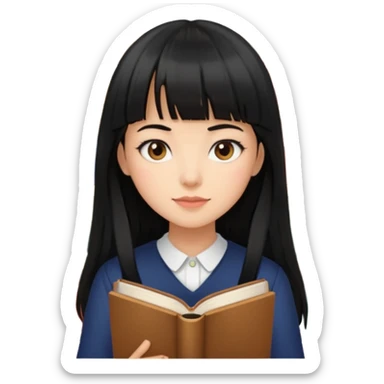 lecture girl with straight bangs fringe long black color hair with lots of books sticker