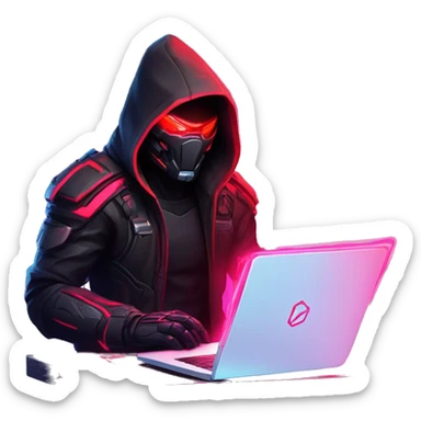 developer behind his laptop with this style : crysis Cyberpunk Riot Games Valorant neon glowing bright red character red dark black hooded assassin themed character sticker