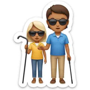 A blind person wearing sunglasses and holding a guide cane sticker