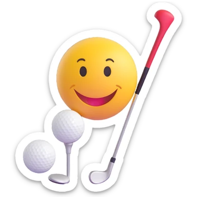 3D smiley emoji, round shape, with golf club and ball, sporty face sticker