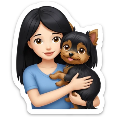 A beautiful girl with short black hair happily hugs a Yorkshire Terrier sticker