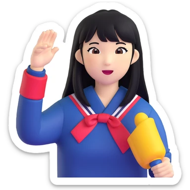 East Asian woman with long black straight hair and bangs wearing Doosan Bears team colors navy blue and red, cheering sticker